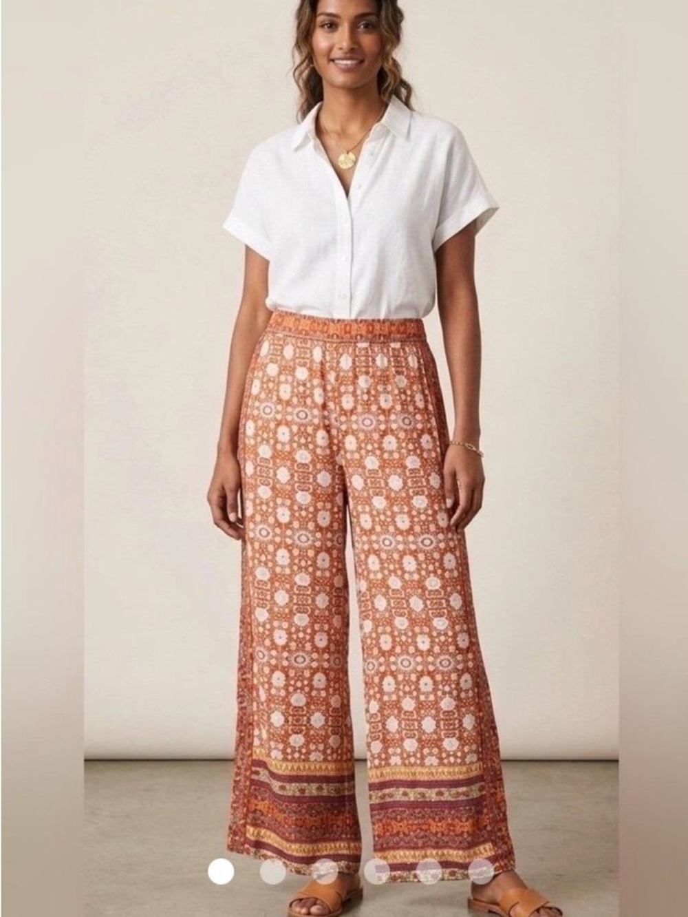 Anthropologie Coral and White Boho Wide-Leg Printed Pants